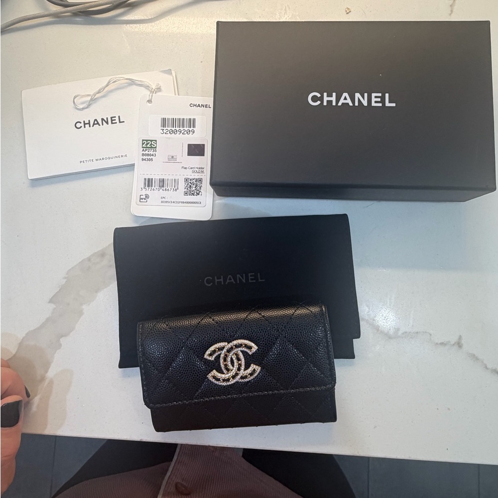 CHANEL Black Quilted Card Holder with Silver Logo
